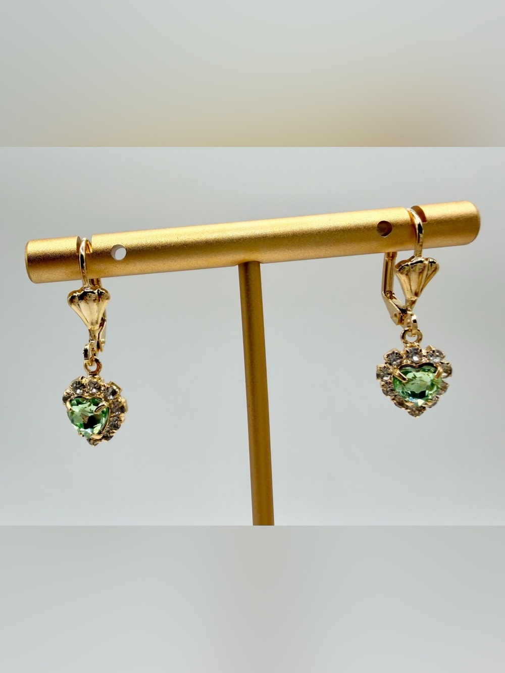 Gold Plated Heart Drop Earrings with Peridot Green Crystal Center - Picture 2 of 6